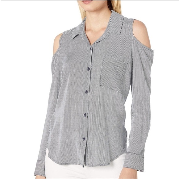Splendid Blue White Striped Button Down Cold Shoulder Blouse Size Small - Picture 1 of 2